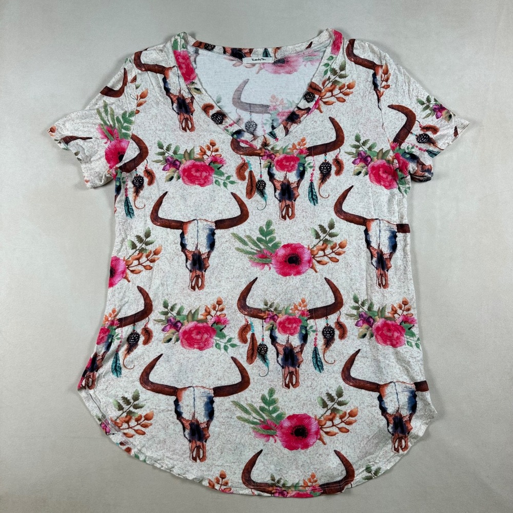 Twenty Ten Bull Skull Floral Top Womens Large V-Neck Short Sleeve Western Boho